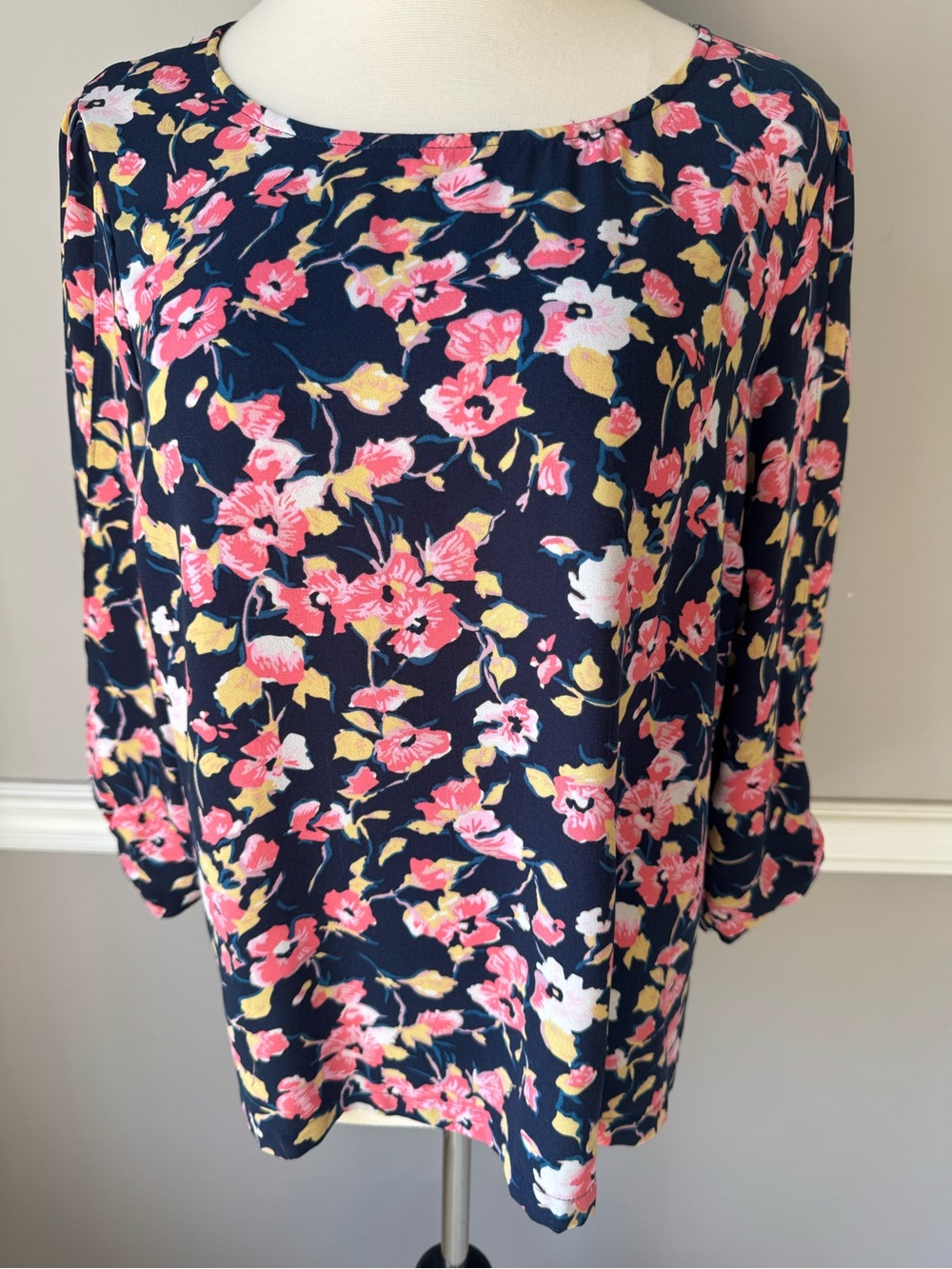 LC Lauren Conrad Navy Floral Blouse with Pink & Yellow Blooms